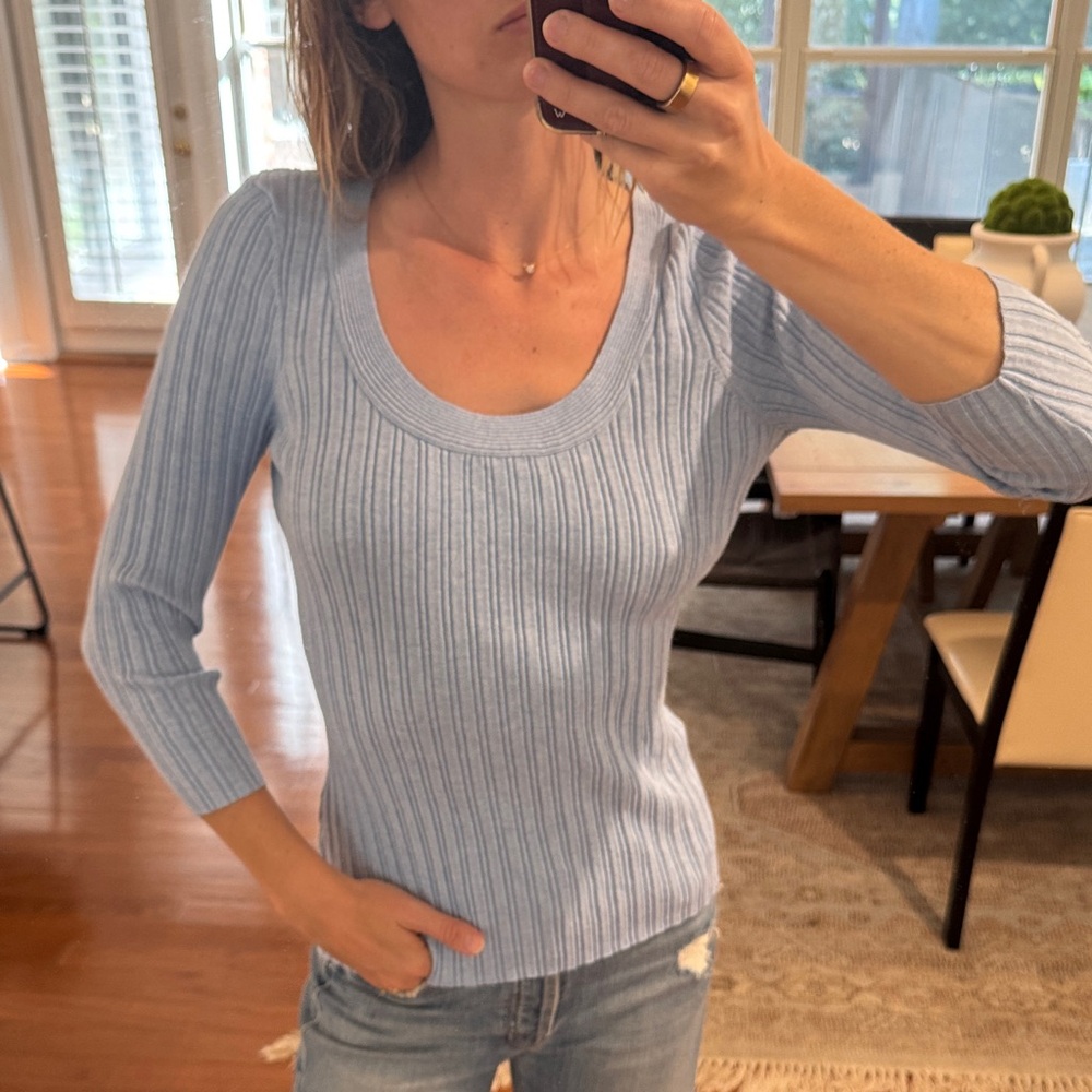 Milly Light Blue Ribbed Scoop Neck Sweater